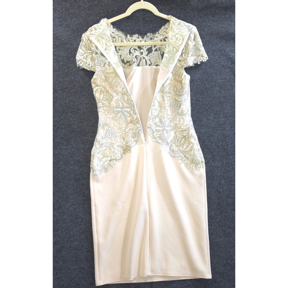 Tadashi Shoji Glam Lace Embroidered Cocktail Dress 6 Champagne Gold Silver Luxe - Picture 8 of 11
